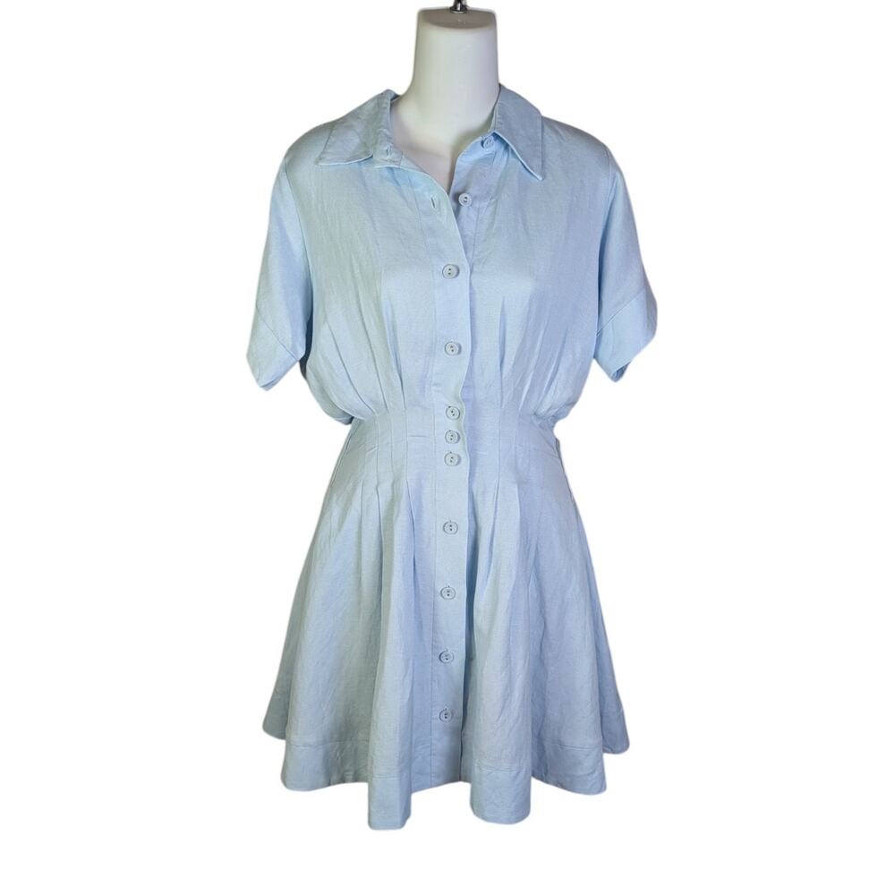 Hunter Bell Blue Linen Blend Button Front Fit & Flare Mini Dress Size 2